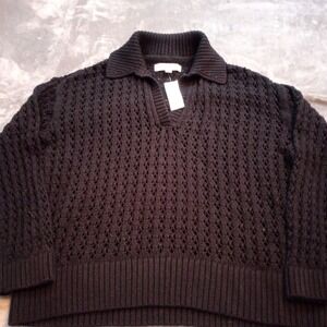 Loft Mesh Collared Sheer‎ Sweater Womens Size Medium Black 100% Cotton